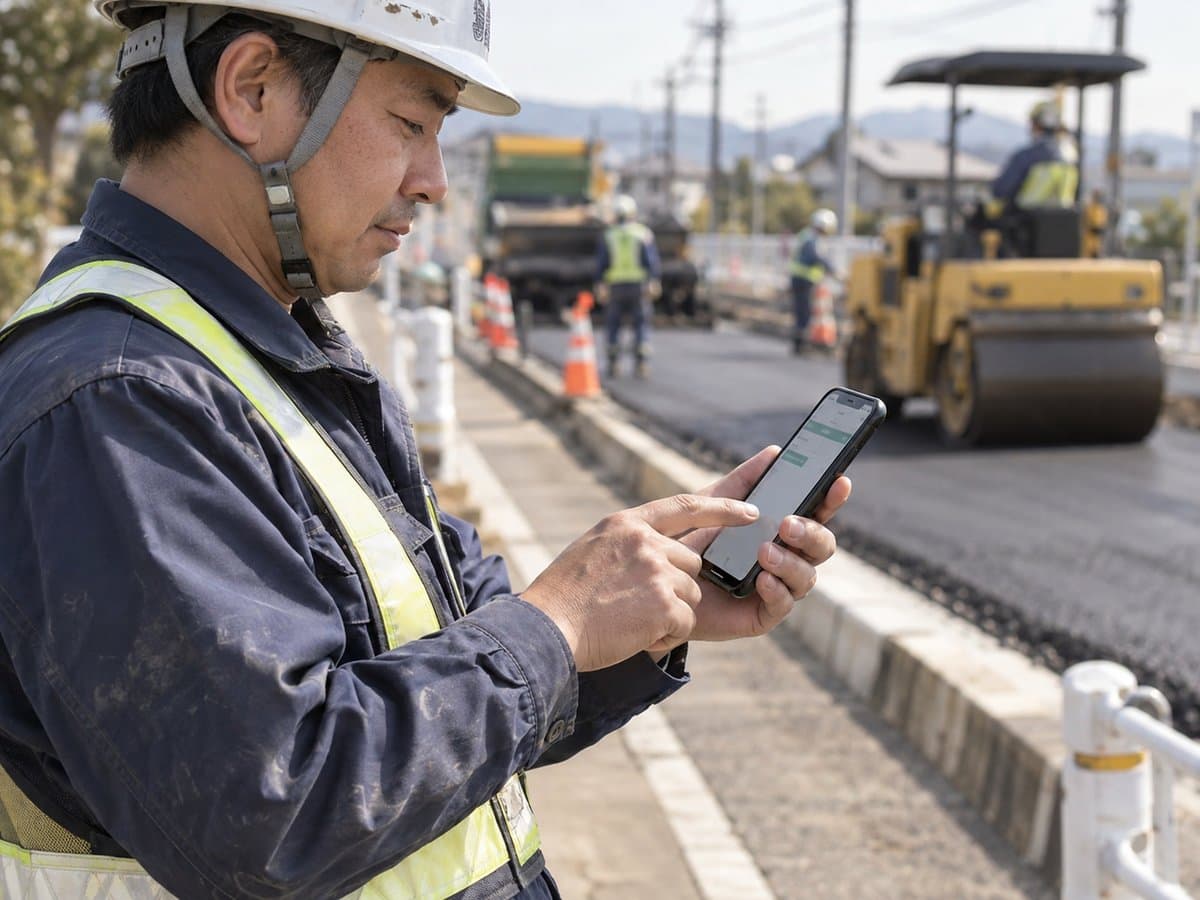 現場スタッフがスマホから出勤を入力している様子(イメージ)