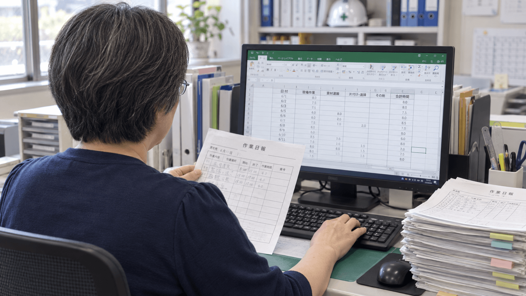 紙の日報を確認しながらExcelの集計表へ転記する事務担当者のイメージ