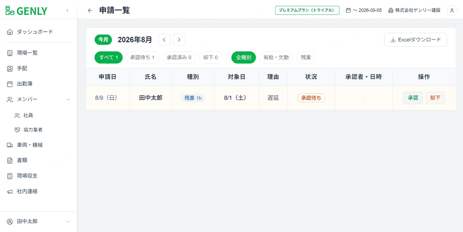 申請一覧の承認待ち画面