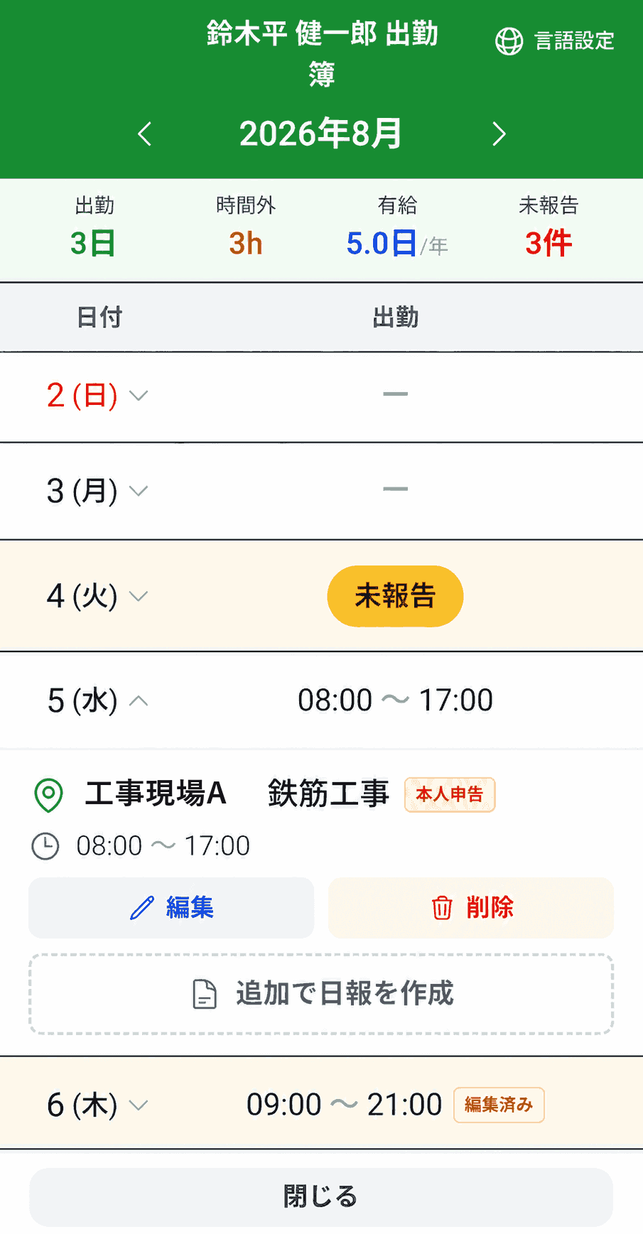 出勤簿から日報を編集・削除する画面